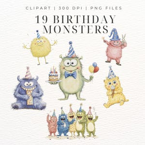 Clipart di compleanno di mostri neonati carini / PNG per feste per bambini / Grafica per feste di animali stravaganti / Creature divertenti dei cartoni animati / Download digitale / SVG