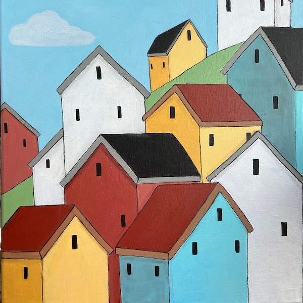 Houses on a Hill II-Original Acrylic Painting 16x20 canvas modern folk art naive art houses
