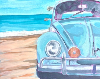 Coccinelle Volkswagen bleue sur la plage 10 x 10, peinture acrylique pour berceau en bois