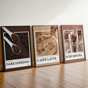 set of 3 coffee wall art prints | neutral kitchen decor | caffè latte, iced mocha, espresso posters | modern cafe aesthetic art