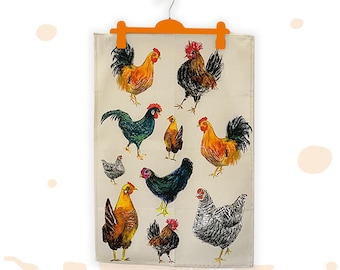 Farmyard Flock Tea Towel – Colourful Hen & Rooster Kitchen Towel