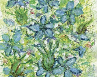 May include: Abstract painting of blue flowers with green stems and leaves on a white background.