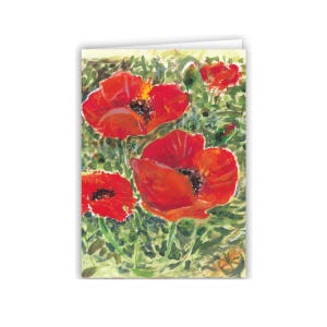 Red Poppy Greeting Card – Painterly Floral Garden Poppy Scene