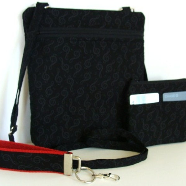 Cross Body Bag Hip Bag Handbag Sling Purse, Coin Purse, and Key Fob Set made with Black Music G-Clef Fabric