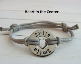 Hand Stamped Washer Bracelet, Word Bracelet, Personalized, Gift for Her, Stainless Steel Washer, Heart in the middle