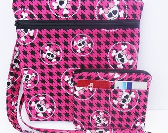 Hip Bag Purse Cross Body Handbag Sling Purse Shoulder Bag with matching Coin Purse made with Girly Skull Fabric