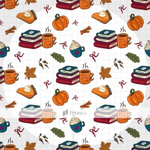 Fall Bookish Pumpkin Pattern, Coffee, Leaves | Fall Coquette Seamless Pattern | Book Lover | Cozy Girl | Digital Download (JPEG & PNG)