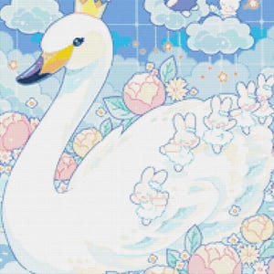 Puede incluir: Ilustración caprichosa de un cisne con corona dorada, rodeado de flores y conejos flotantes. El cisne tiene pico amarillo y ojo azul. El fondo es azul claro con nubes y estrellas.