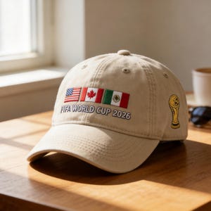 Könnte beinhalten: Beige Baseball Cap mit gestickten Flaggen der USA, Kanadas und Mexikos sowie dem Text "FIFA WORLD CUP 2026". Auf der Seite befindet sich ein goldenes Trophäen-Emblem. Die Kappe liegt auf einem Holztisch.