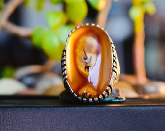 May include: A silver ring with an oval, amber-colored stone. The stone has a unique pattern with brown and white hues. The ring is set on a dark surface with a blurred green background, suggesting a natural setting. The ring's design is detailed and eye-catching.