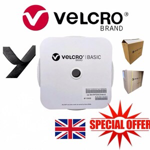 May include: A roll of black Velcro brand hook and loop tape. The tape is 10mm wide and is packaged in a white box with the Velcro brand logo and the words "Basic" and "#156B".
