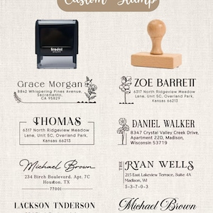 May include: Image of custom stamps with names and addresses. The stamps include a self-inking stamp and a wooden handle stamp. The text "Custom Stamp" is at the top. The stamps are for personal or business use.