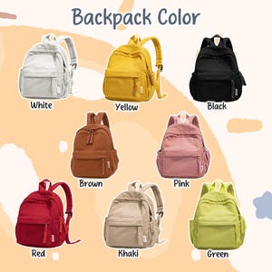 May include: A collection of small backpacks in various colors, including white, yellow, black, brown, pink, red, khaki, and green. Each backpack has a front pocket and adjustable straps. The text "Backpack Color" is at the top.