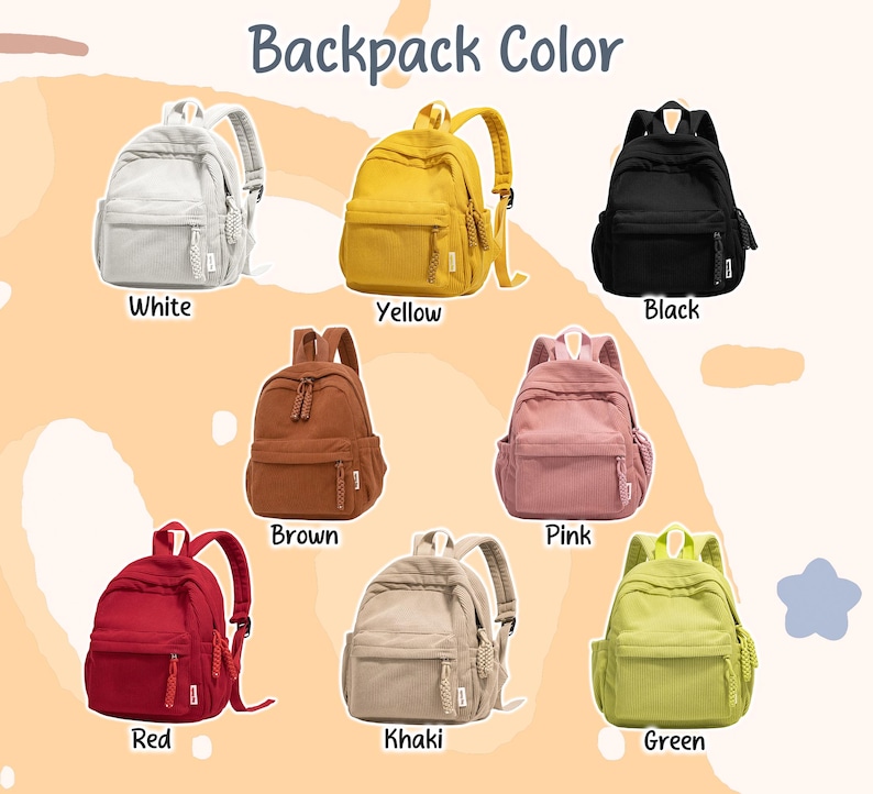 May include: A collection of small backpacks in various colors, including white, yellow, black, brown, pink, red, khaki, and green. Each backpack has a front pocket and adjustable straps. The text "Backpack Color" is at the top.