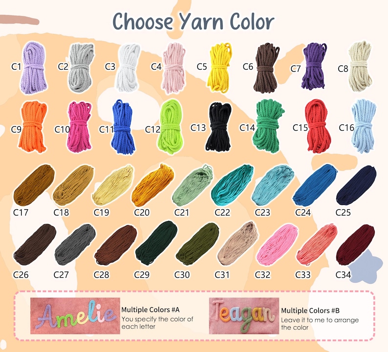 May include: A color chart with various yarn colors, labeled C1 through C34. The chart includes a range of colors, from pastels to dark hues. The text "Choose Yarn Color" is at the top. Below are examples of personalized name signs.