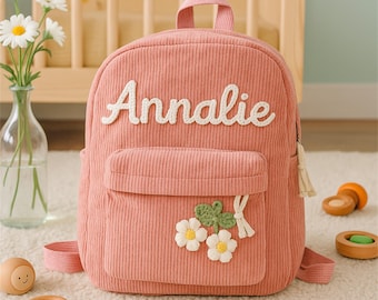 Personalized Corduroy Kids Backpack: Hand-Embroidered Name School Bag