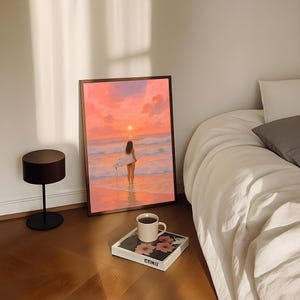 Sunset Surf Girl Print, Trendy Pink Beach Home Decor, Digital Wall Art