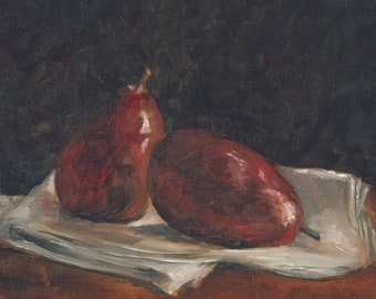 Pintura al óleo de peras carmesí