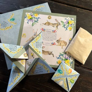 La historia de Ostara - Tarjeta de Pascua victoriana / Tarjeta folclórica de primavera / Festival pagano de Ostara / Conejo y huevos de Pascua