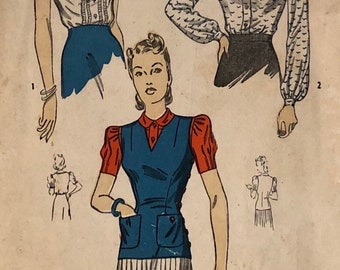 1940s DuBarry Pattern 5172 | Bust 34 Hip 37 Size 16 | Blouse and jerkin pattern, button up, bishop sleeves, v neck, yoke, collar | Sewing