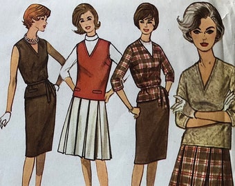 1960s Simplicity Pattern 4547 | Bust 34 Hip 36 Size 14 | Overblouse, jerkin and pleated and slim skirt, v-neck, vest, separates | Sewing