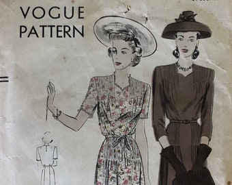 1940s Vogue Pattern 9681 | Bust 34 Hip 37 Size 16 | Belted tucked dress, collarless neckline, bracelet length or short sleeves | Sewing