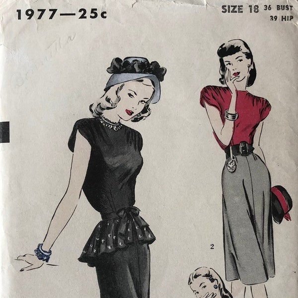 1940s Hollywood 1977 Pattern | Bust 36 Hip 39 Size 18 | Detachable Tie Peplum Dress Bateau Neckline Gathered Shoulders Sew Simple | Sewing