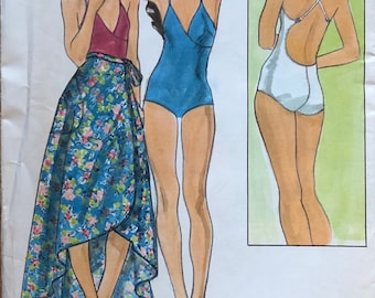 1970s Butterick Uncut Pattern 4287 | Bust 38 Hip 40 Size 16 | One-piece swimsuit, wrap skirt, bathing, pockets, low back, triangle | Sewing