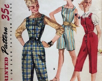 1950s Simplicity Pattern 1242 | Bust 31 Hip 34 Size 13 | Overalls Button or Zipper Front Bib Coveralls, Shorts, Three Lengths | Sewing