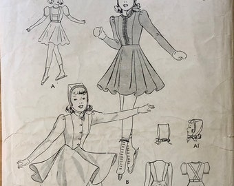 1940s Butterick Pattern 8661 | Bust Breast 34 Size 16 | Junior's Girls' Skating Outfit Flared Skirt Detachable Suspenders Cap Panty | Sewing