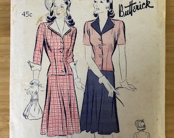 1940s Butterick 2548 Pattern | Bust 36 Hip 39 Size 18 | Two Piece Suit Tailored Jacket and Gored Skirt, Detachable Collar and Cuffs | Sewing