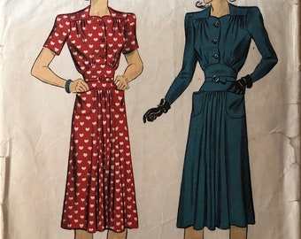 1940er Jahre DuBarry Muster 5122 | Büste 36 Hüfte 39 Größe 18 | Gerafftes Kleid mit Gürtel, Taillenpasse, Schultern, lange oder kurze Ärmel, Knöpfe | Nähen