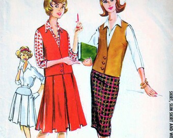 1950s McCall's Uncut Pattern 4858 | Büste 34 Hüfte 36 Größe 14T | Hemd mit Flügelkragen, Faltenrock, schmaler Rock und Weskit, Trennt | Nähen