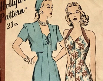 1940s Hollywood Pattern 1580 | Bust 30 Hip 33 Size 12 | Halter dress, backless, bolero, Shirred neckline, rockabilly VLV RARE | Sewing