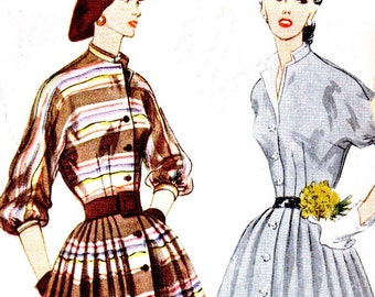 1950s Simplicity Pattern 3768 | Bust 34 Hip 37 Size 16 | Coat Dress Button Up Bodice Full Pleated Gathered Sleeves | Uncut Unused | Sewing