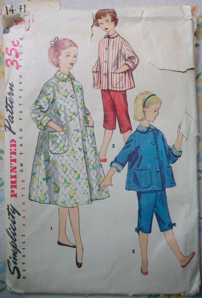 1950s Simplicity Pattern 1441 Bust 32 Hips 35 Size 14 Girls Teens Pajamas Housecoat Lined Capris Bows Peter Pan Collar Sewing image 3