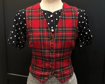 Vintage GAP Red Tartan Plaid Vest | Bust 36 - 37 Size Small | Lined, brass buttons, darted, fitted waistcoat