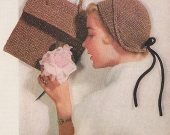 1950s Digital Hat and Purse Crochet Pattern | Foldaway cloche and purse, bow  | PDF | Crochet