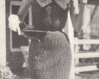 Mid 50s Knitting Pattern Curve Hugging Collared Sheath Dress Tweed Yarn PDF File Vintage Sizes 12 14 16