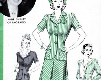 1940s Hollywood 682 Pattern | Bust 32 Hip 35 Size 14 | Two Piece Suit Tailored Jacket and Skirt Patch Pockets Anne Shirley RKO | Sewing