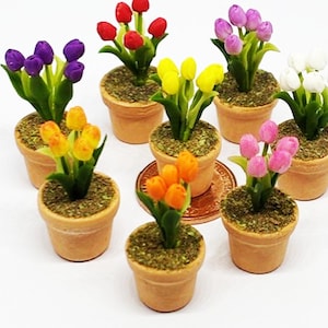 Dolls House Single Tulip Bunch of Flowers in a Terracotta Pot Handmade Dollhouse 1:12th Scale