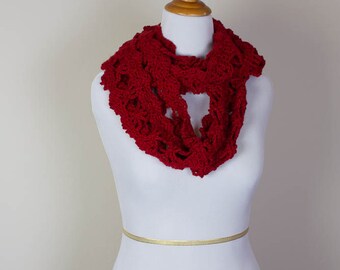 Hand Crochet Scarf - Triple Play Infinity Scarf - Crochet Infinity Scarf - Lacy Knit Scarf - Red Crochet Scarf - Gifts for Women - 2000-B13