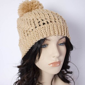 Handmade Textured Crochet Beanie with Yarn Pom – Soft Acrylic Winter Hat for Women – 1038-B8 image 3