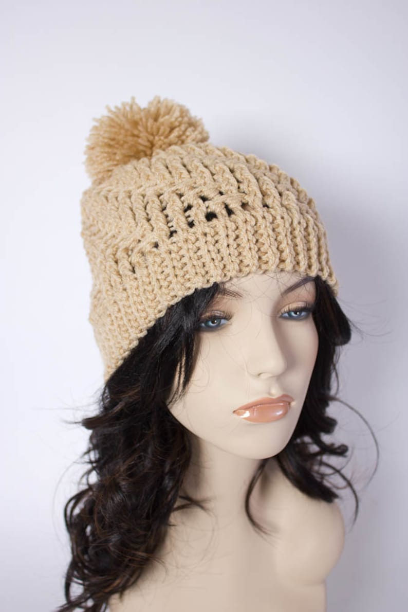 Handmade Textured Crochet Beanie with Yarn Pom – Soft Acrylic Winter Hat for Women – 1038-B8 image 3