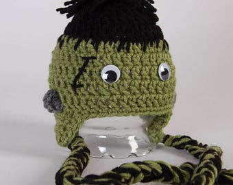 Hand Crochet Monster Hat - Newborn Photo Prop - Munster Hat - Crochet Animal Hat - Animal Beanie - Earflap Hat - #1004-129-B1-6
