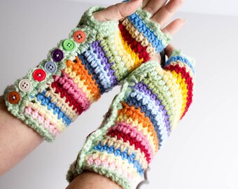 Hand Crochet Fingerless Gloves - Stripy Mitts - Photographer Gloves - Wrist Warmer - Striped Gloves With Buttons - Texting Gloves - 4002-B14