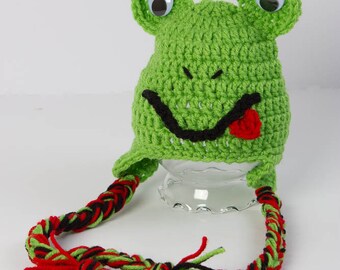 Hand Crochet Frog Hat - Newborn Photo Prop - Crochet Animal Hat - Baby Shower Gift - Ski Hat - Ear Flap Beanie - Frog Hat - #1004-114-B1-6