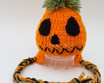 Hand Crochet Jack-o-Lantern Hat - Newborn Photo Prop - Pumpkin Hat - Halloween Hat - Crochet Ski Hat - Ear Flap Beanie - #1004-121-B1-6