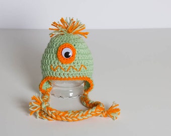 Hand Crochet Monster Hat - Newborn Photo Prop -  Animal Hat - Cyclops Hat with Pom Pom - Handmade Ski Hat - Ear Flap Hat - #1004-108-B1-6