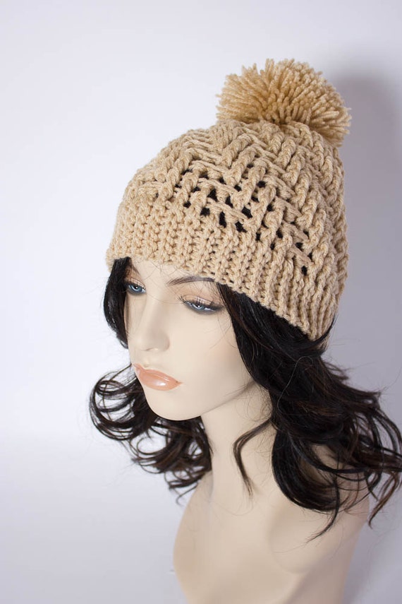 Handmade Textured Crochet Beanie with Yarn Pom – Soft Acrylic Winter Hat for Women – 1038-B8